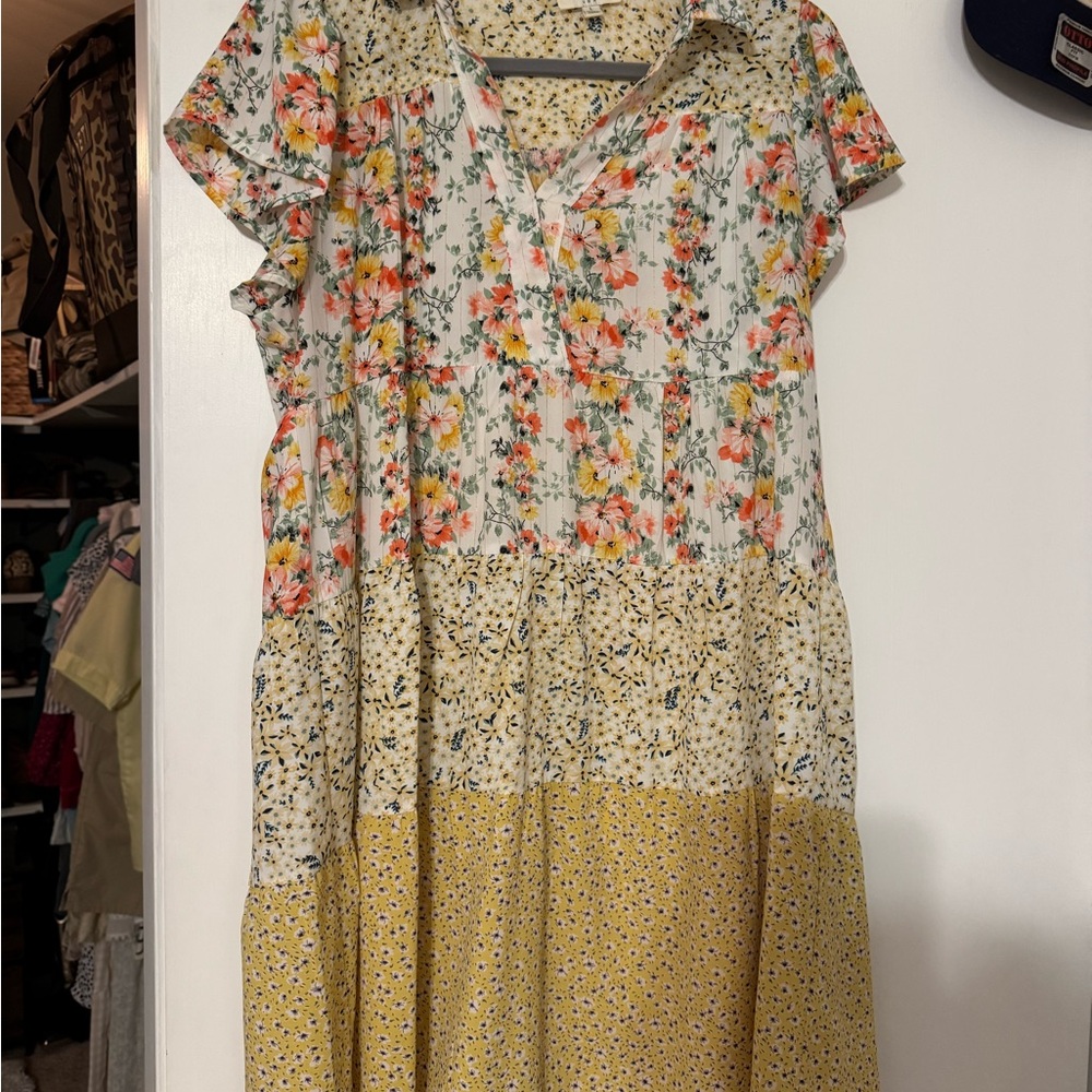 Umgee Yellow and Pink Floral Tiered Midi Dress